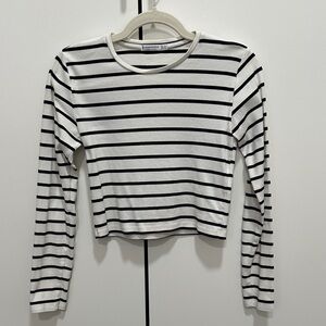 Stradivarius Black and White Striped Long Sleeve Tee